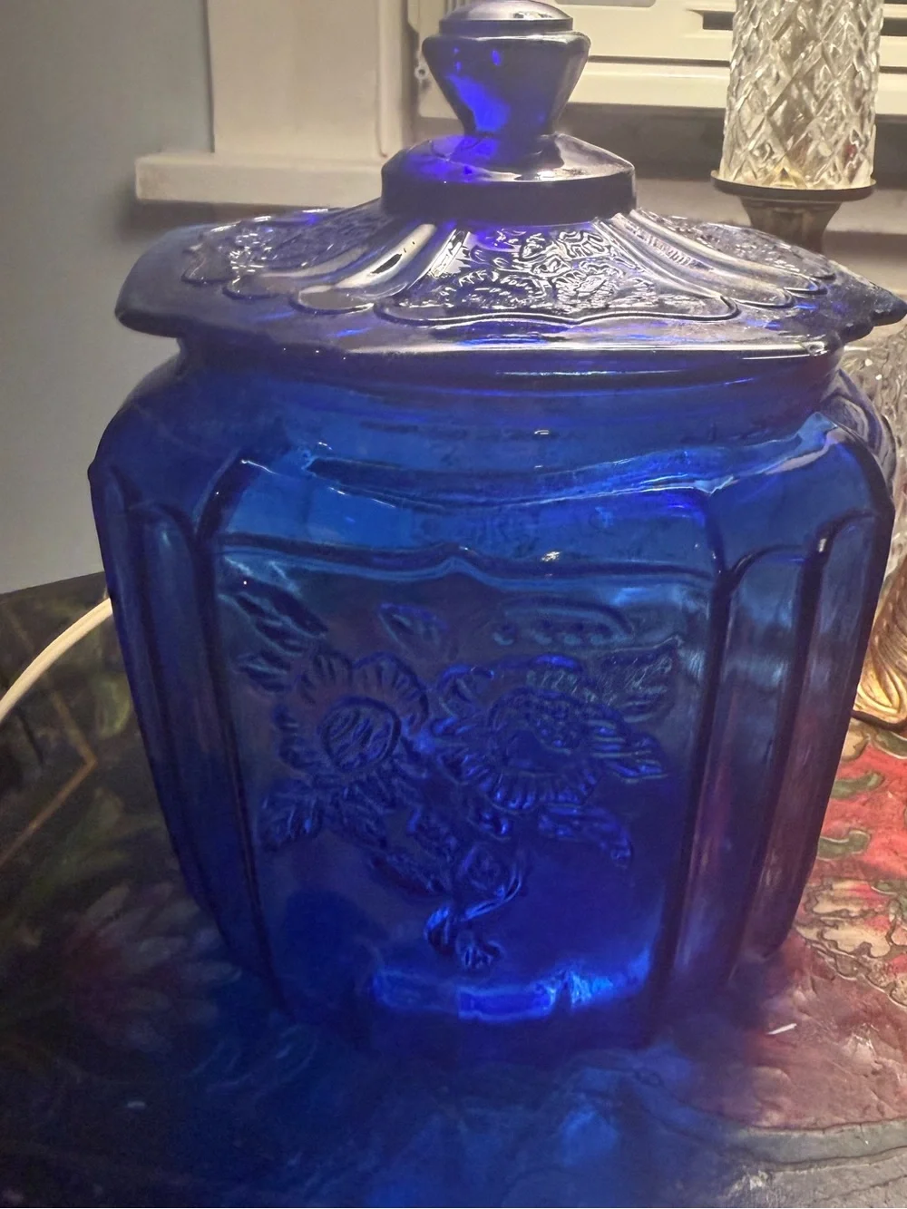 Anchor Hocking Cobalt Blue Floral Glass Biscuit Barrel  Lid